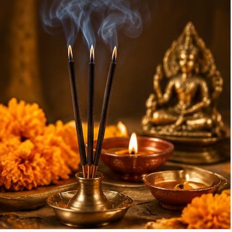 Incense sticks in a brass holder with marigolds and a diya