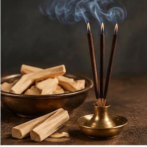 Sandalwood pieces beside smoking incense and a brass holder