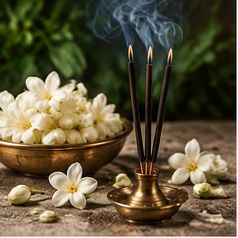 White jasmine flowers surrounding three incense sticks