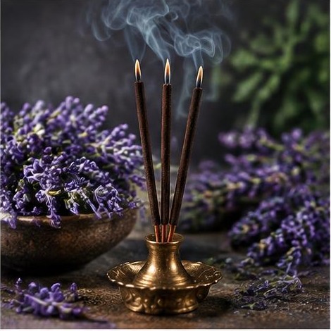 Lavender sprigs and softly smoking incense sticks