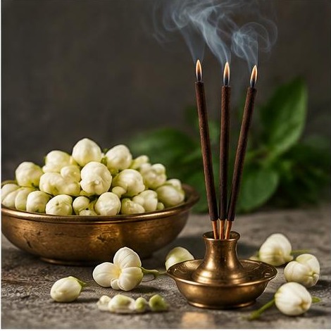 Mogra blossoms in a brass bowl beside incense sticks