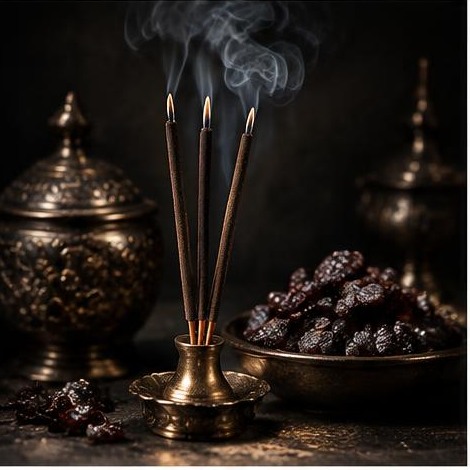 Incense with a dark, polished traditional Indian setting