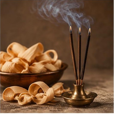Pale fragrant wood shavings arranged next to incense