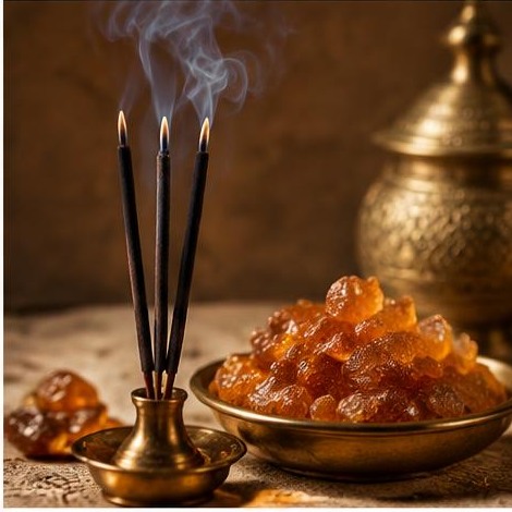 Amber resin in a small brass bowl near a lit incense stick