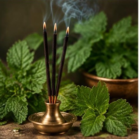 Patchouli-like green leaves and incense in soft daylight