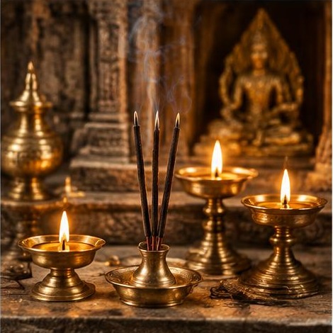 Incense and brass lamps arranged within a temple-inspired setting