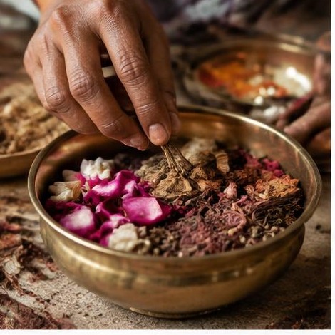Fragrant materials arranged in a brass bowl