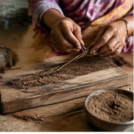 Hands preparing agarbathi sticks at a workbench