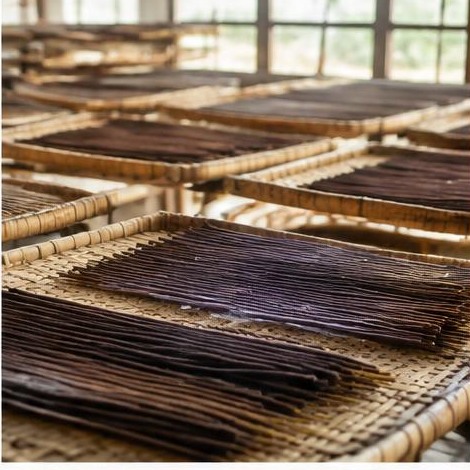 Incense sticks set out to dry on bamboo trays