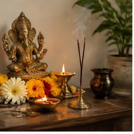 Home prayer shrine with flowers and a burning incense stick