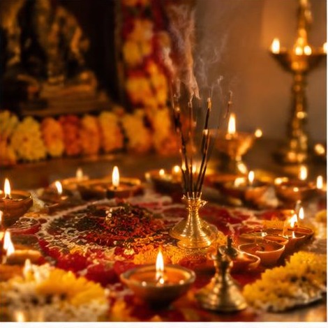 Rows of small oil lamps and incense on a festive evening