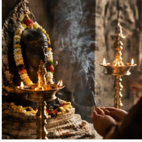 Temple altar with brass lamps and incense smoke