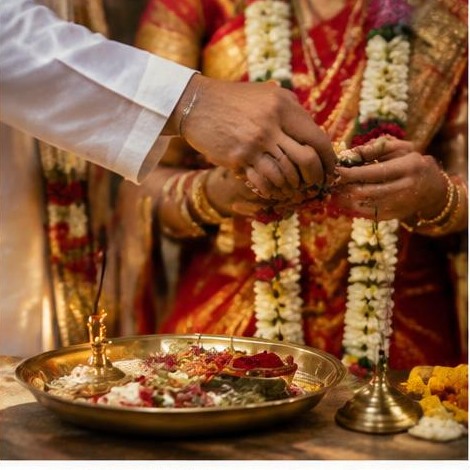 Flower garland and traditional pooja thali for a ceremony