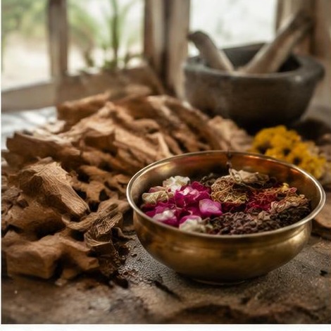 Carefully prepared fragrant materials on a traditional work surface