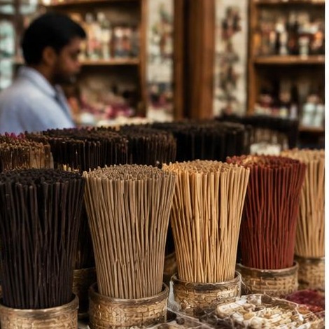 A local incense shop display arranged by fragrance